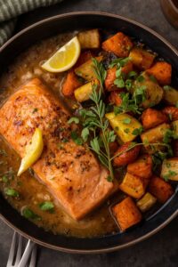image of garlic butter salmon with roasted vegetables,
