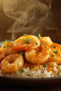 closeup image of garlic butter shrimp with rice,