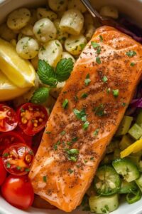 closeup image of lemon and salmon bowls,