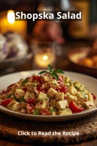 closeup of a North Macedonian Shopska salad served on a plate om a rustic and romantic table,