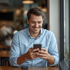 What to Text a Girl After Getting Her Number: 7 Messages That Keep the Momentum Going 7 white man smiling while texting, relaxed and confident