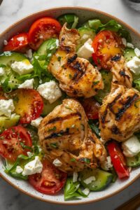 image of Mediterranean chicken bowl with vegetables