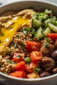 closeup image of mediterranean vegan bowls,