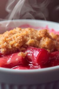 closeup image of rhubarb compote with crumble,