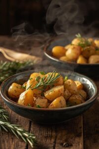 image of roasted potatoes with garlic and herbs served on a rustic table