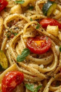 closeup image of roasted vegetable pasta,