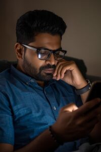 thoughtful man reading a long message on his phone,