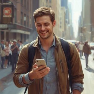 White man smiling while texting confidently