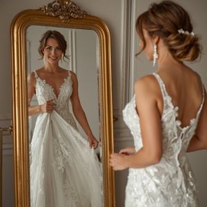 a bride watching herself in the mirror