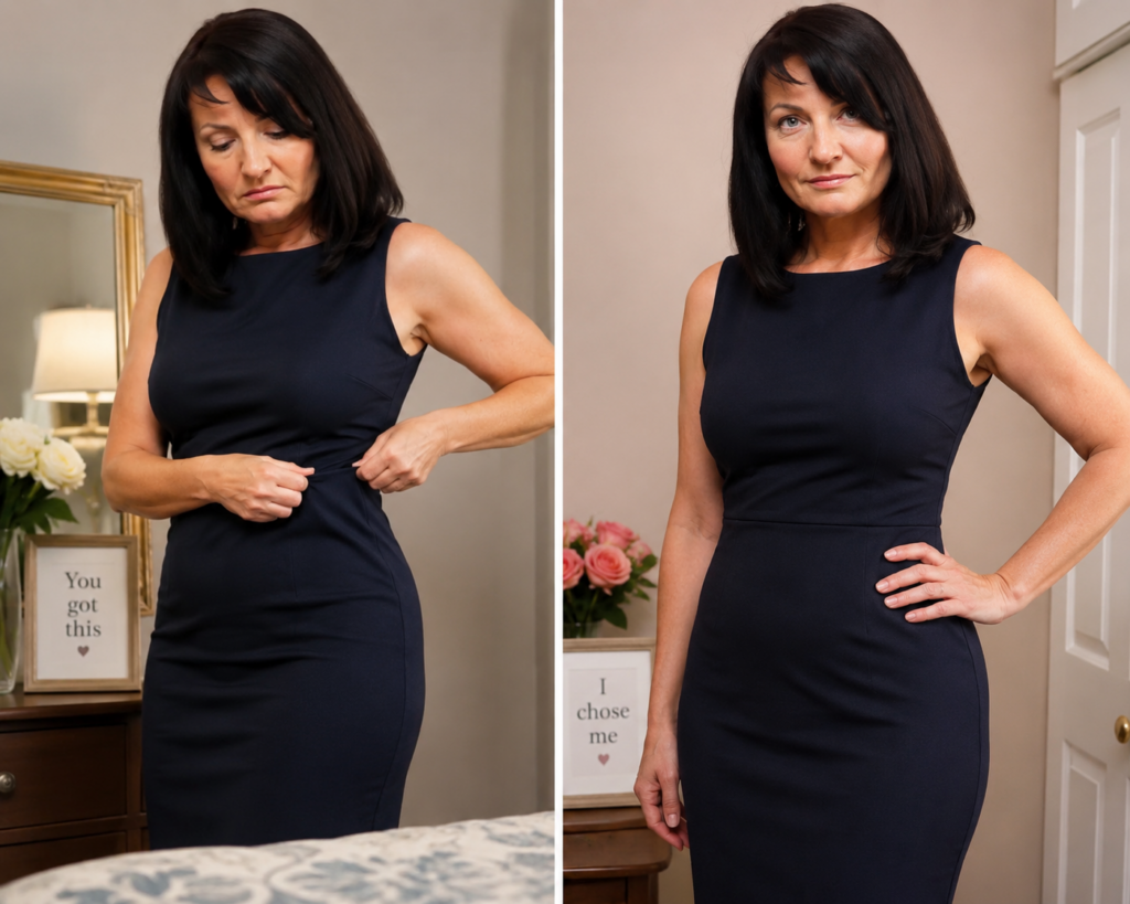 April trying on a black dress