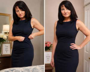 April trying on a black dress