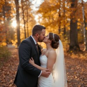 couple kissing at their autumn wedding,