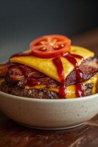 image of a bacon cheeseburger served in a bowl,