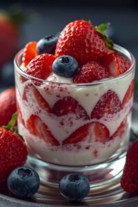 closeup image of berry cream parfait served in a glass,