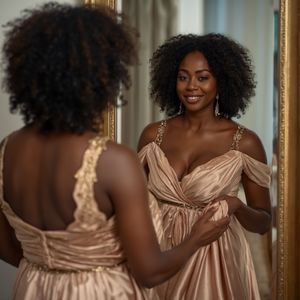 realistic image of a black woman trying on a dress