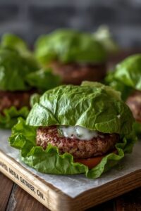 image of a bunless burger wrapped with lettuce leaves,