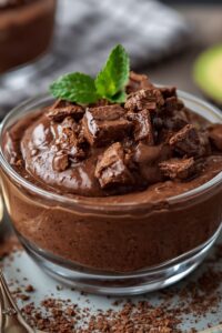 closeup image of chocolate avocado pudding served in a bowl,