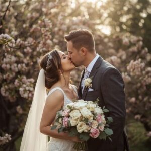 an image of a couple kissing on a summer wedding,
