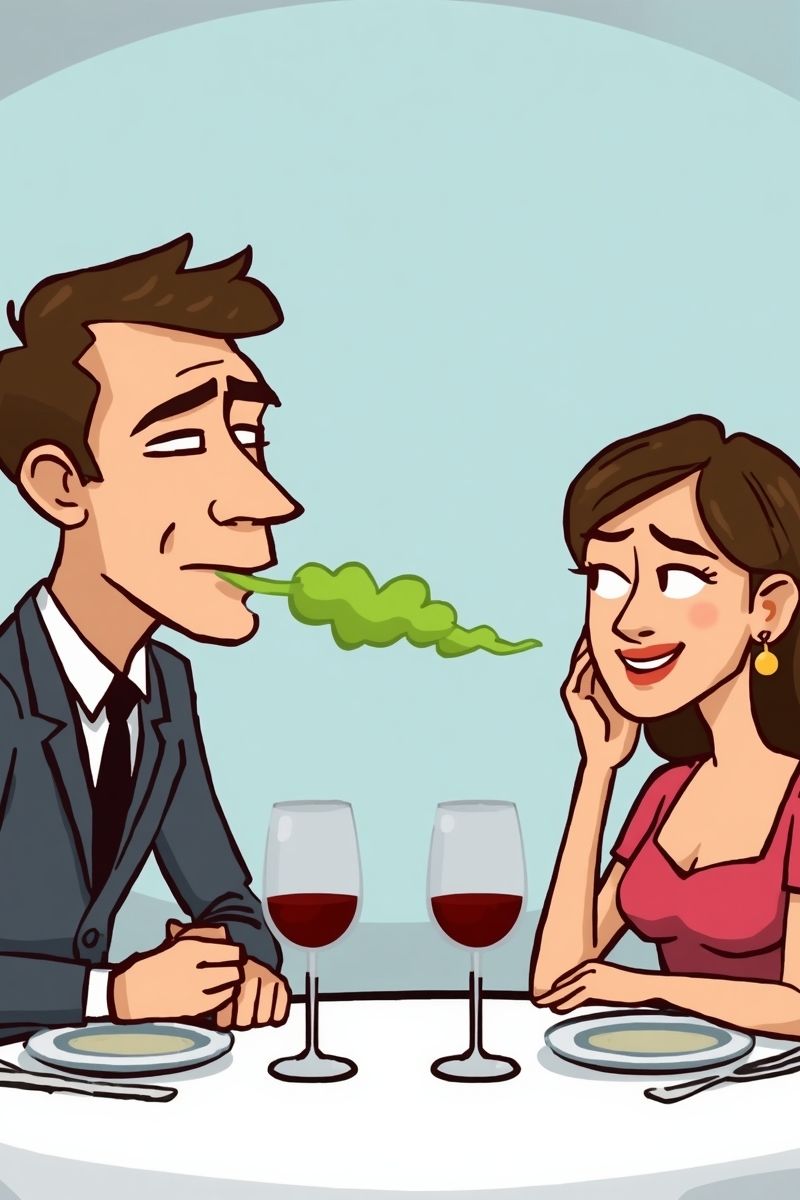 cartoon of a man having a garlic breath on a date,