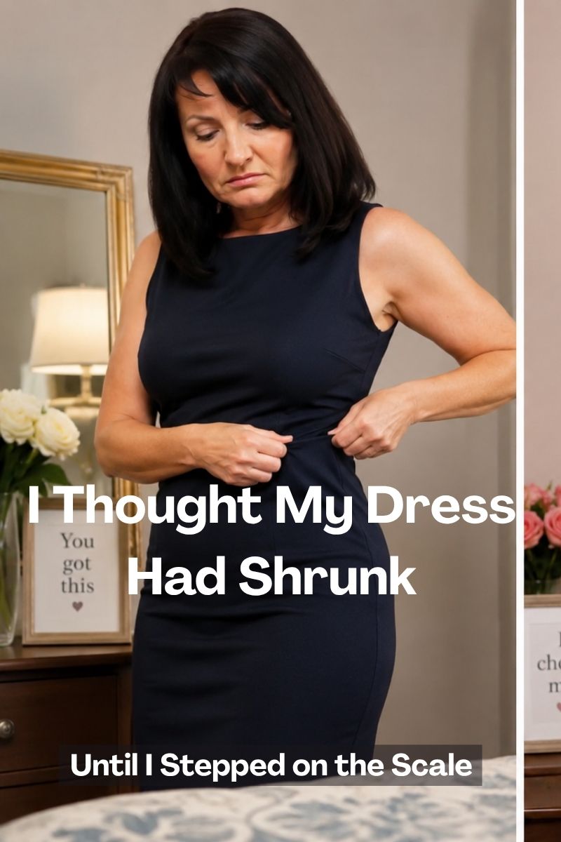 woman trying on a black dress that actually doesn't fit,