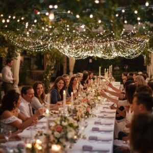 people laughing at a wedding reception,