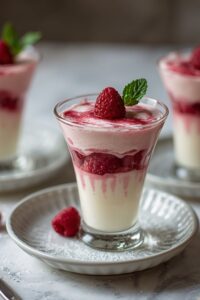 closeup image of raspberry cream cups with raspberries and whipped cream served in an elegant glass,