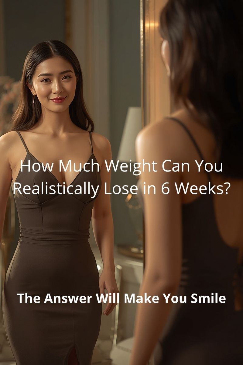 smiling Asian woman looking at herself in the mirror while wearing a tight dress