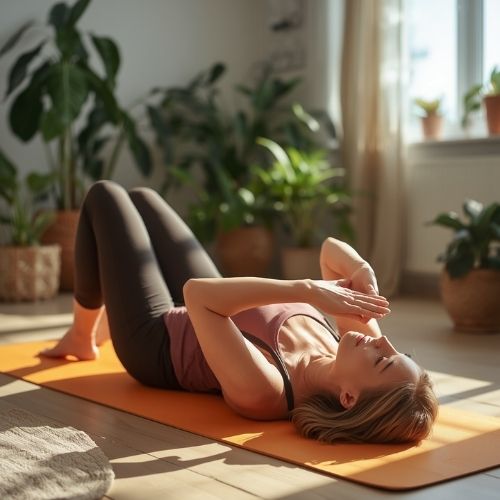 Why Do I Pee My Pants When I Cough? 13 image of a woman on her back performing a kegel,