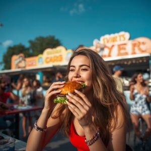 Are Cheat Meals Good or Bad for Weight Loss? 5 image of a woman eating a hamburger outside