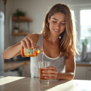 How Much Apple Cider Vinegar Should You Drink Per Day? 5 image of a woman pouring apple cider vinegar into a glass,
