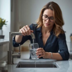 How Much Apple Cider Vinegar Should You Drink Per Day? 7 image of a woman tapping up water in her kitchen,