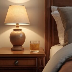 a glass of apple cider vinegar on the nightstand,