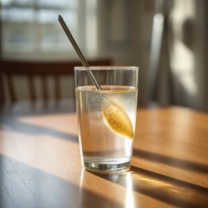 a glass filled with water and apple cider vinegar on a spoon,