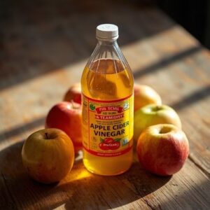 a bottle of apple cider vinegar on a rustic table with apples around it,