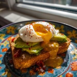 image of a avocado toast with a poached egg,