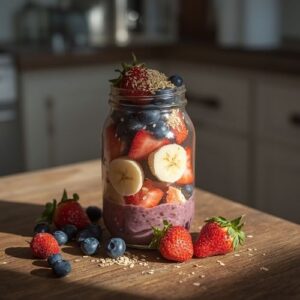 Healthy Smoothies for Women: Every Phase of Your Menstrual Cycle 2 the ingredients of a berry comfort smoothie in a jar,