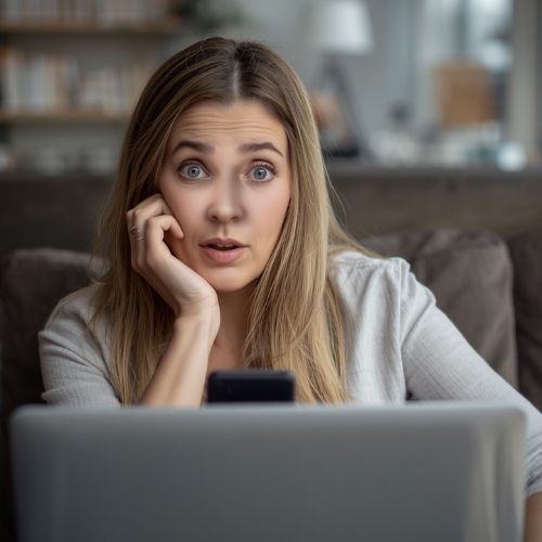 caucasian woman thinking in front of her computer,