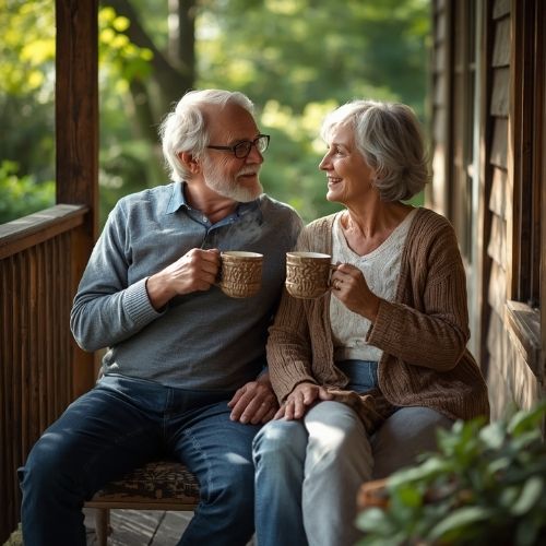an elderly couple enjoying a cup of coffee on their porch,