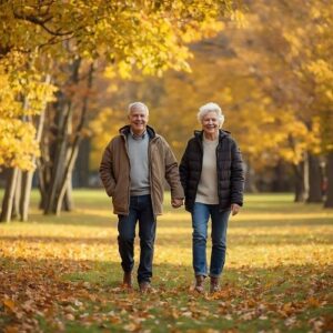elderly couple walking in an autumn landscape holding hands,