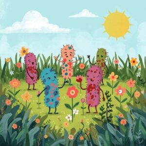 illustration of healthy bacteria as grass and bad bacteria as weeds in a garden,