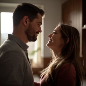 a man and a woman smiling at each other