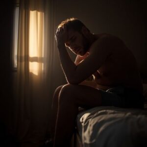 image of a tired man in his bedroom,