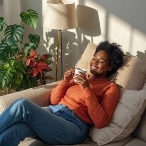Why Do I Pee My Pants When I Cough? 12 image of a black woman drinking a cup of coffee in her living room,