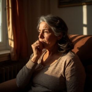 Why Do I Pee My Pants When I Cough? 9 image of a middle-aged woman coughing,
