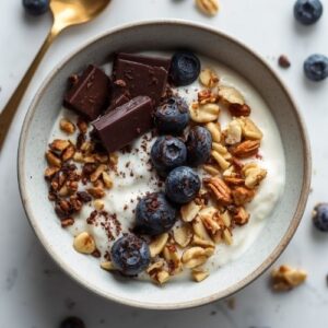 image of Greek yogurt served with dark chocolate and nuts,