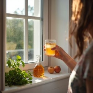 an image of a woman drinking apple cider vinegar in her kitchen in the morning,
