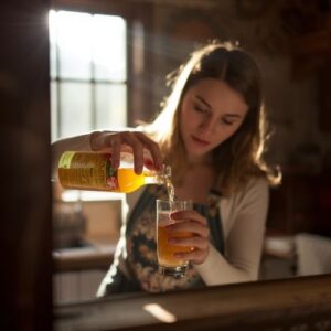 a woman pouring apple cider vinegar in a glass,