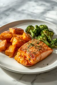 image of salmon with sweet potatoes and broccoli,