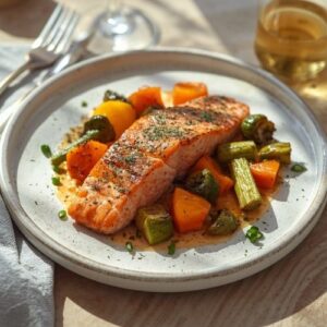 image of salmon with vegetables,