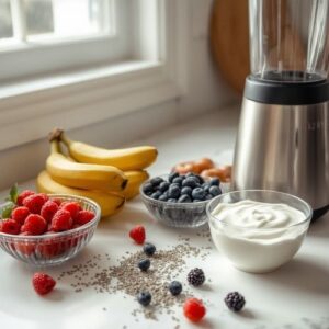 Healthy Smoothies for Women: Every Phase of Your Menstrual Cycle 7 an image of Greek yoghurt, blueberries, raspberries, strawberries, and banana with a blender in a kitchen,